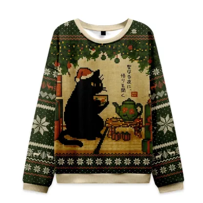 Tokyo-Tiger Cute Cat Drinking Tea Christmas Ugly Sweatshirt