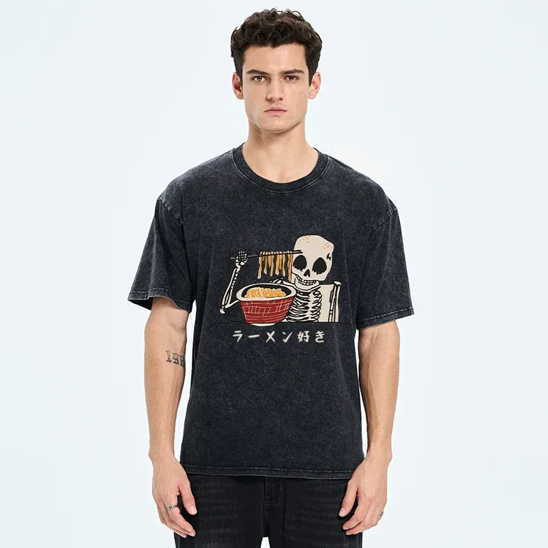 Tokyo-Tiger Skeleton Eating Ramen Washed T-Shirt