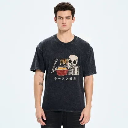Tokyo-Tiger Skeleton Eating Ramen Washed T-Shirt
