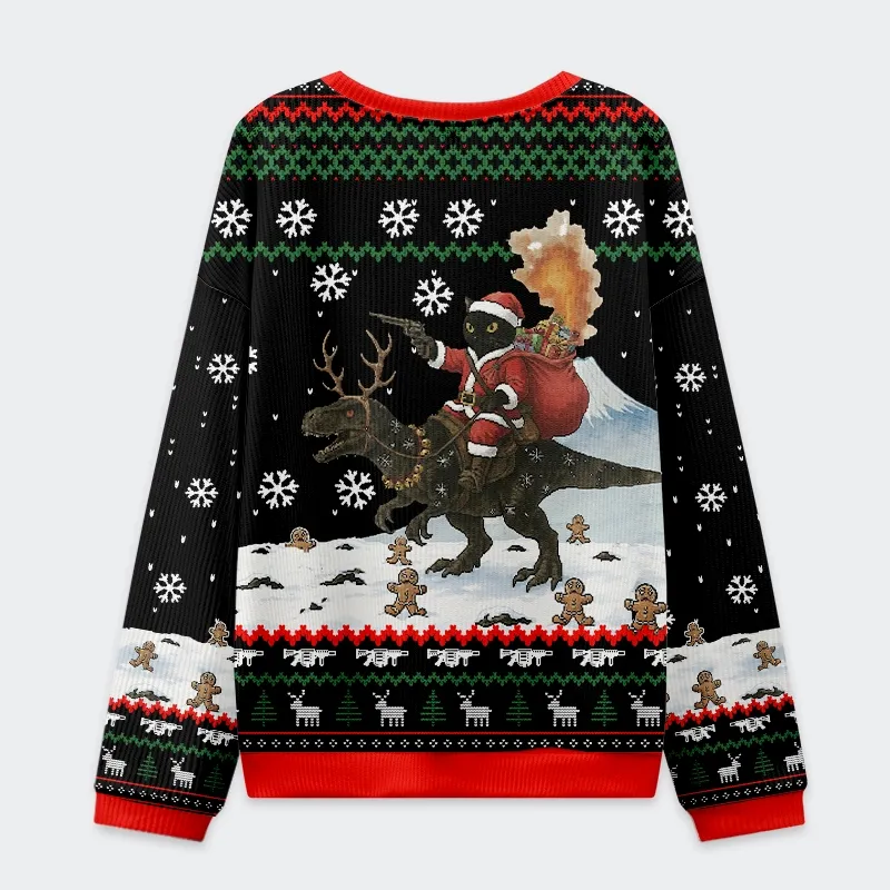 Tokyo-Tiger Cat Riding A Dinosaur Christmas Ugly Sweatshirt