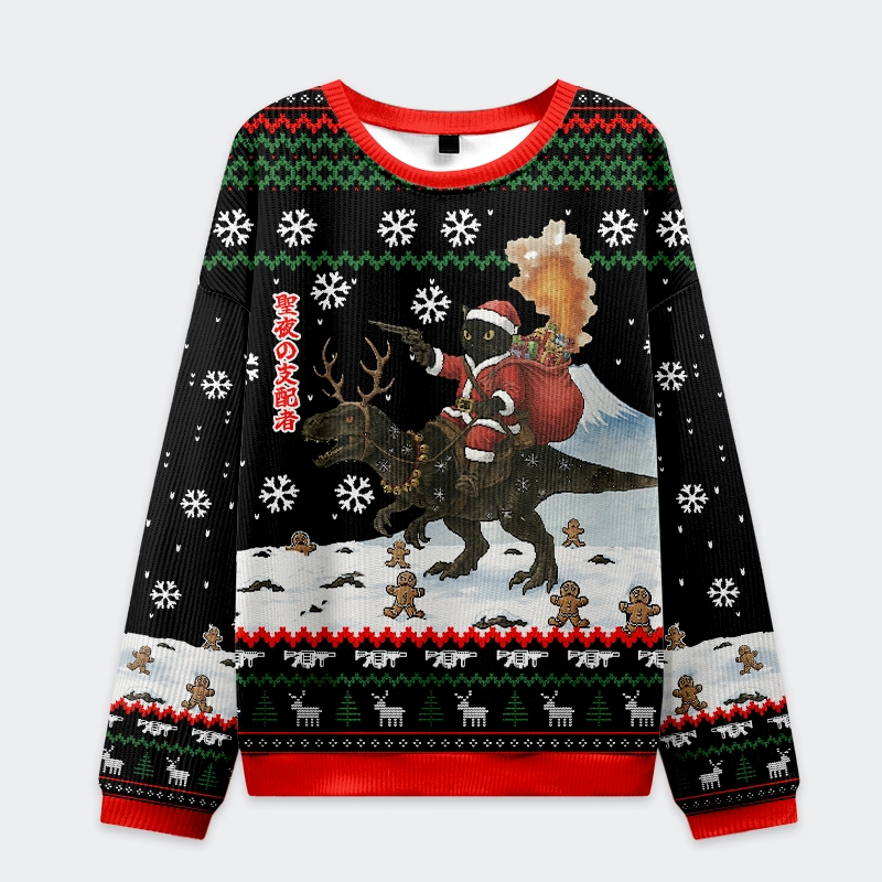 Tokyo-Tiger Cat Riding A Dinosaur Christmas Ugly Sweatshirt