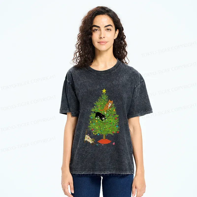 Tokyo-Tiger Cats Playing On The Christmas Tree Washed T-Shirt