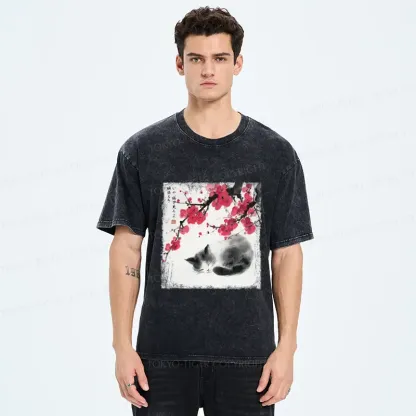 Tokyo-Tiger Ink Wash Painting: A Cat Lying Flat Under The Tree Washed T-Shirt