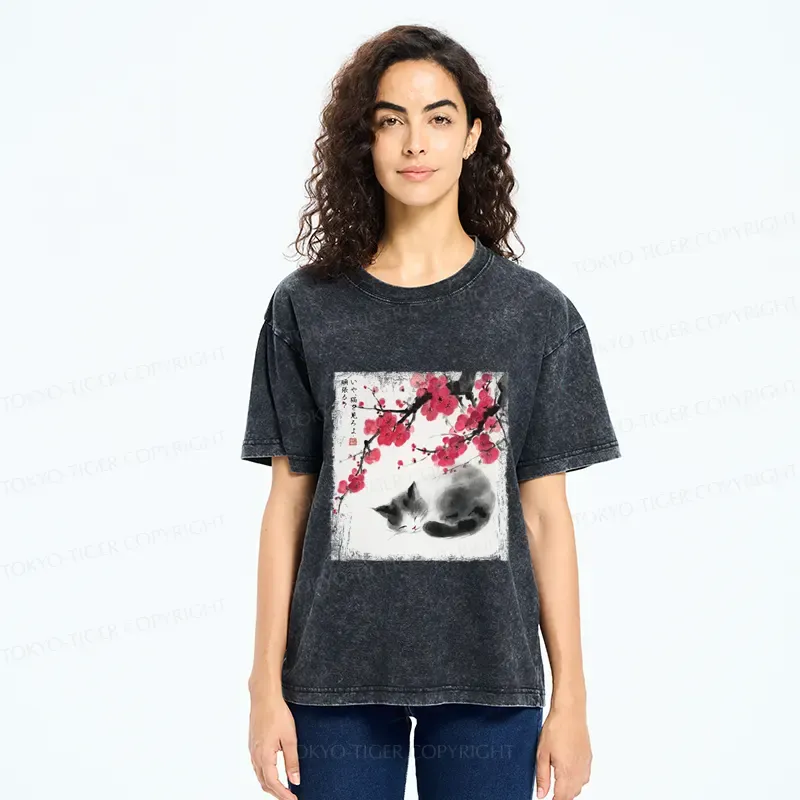 Tokyo-Tiger Ink Wash Painting: A Cat Lying Flat Under The Tree Washed T-Shirt