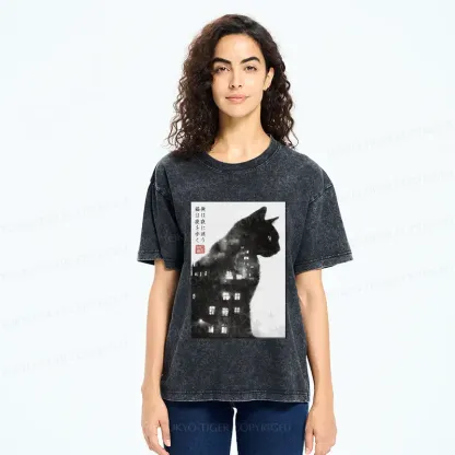 Tokyo-Tiger Cats Wander Freely Humans Wander Aimlessly Washed T-Shirt