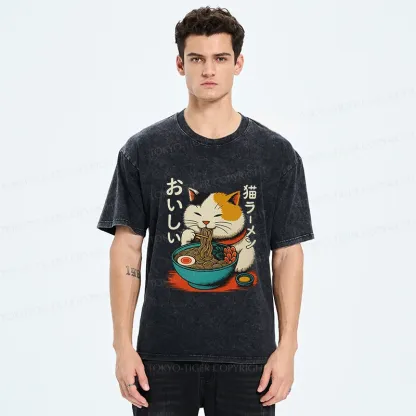 Tokyo-Tiger Cute Eat Eating Japanese Ramen Washed T-Shirt