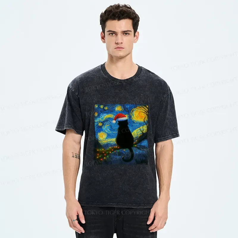 Tokyo-Tiger A Cat’s Christmas Under The Stars Washed T-Shirt