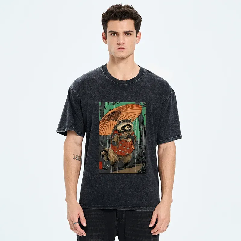 Tokyo-Tiger Cute Raccoon Japanese Washed T-Shirt