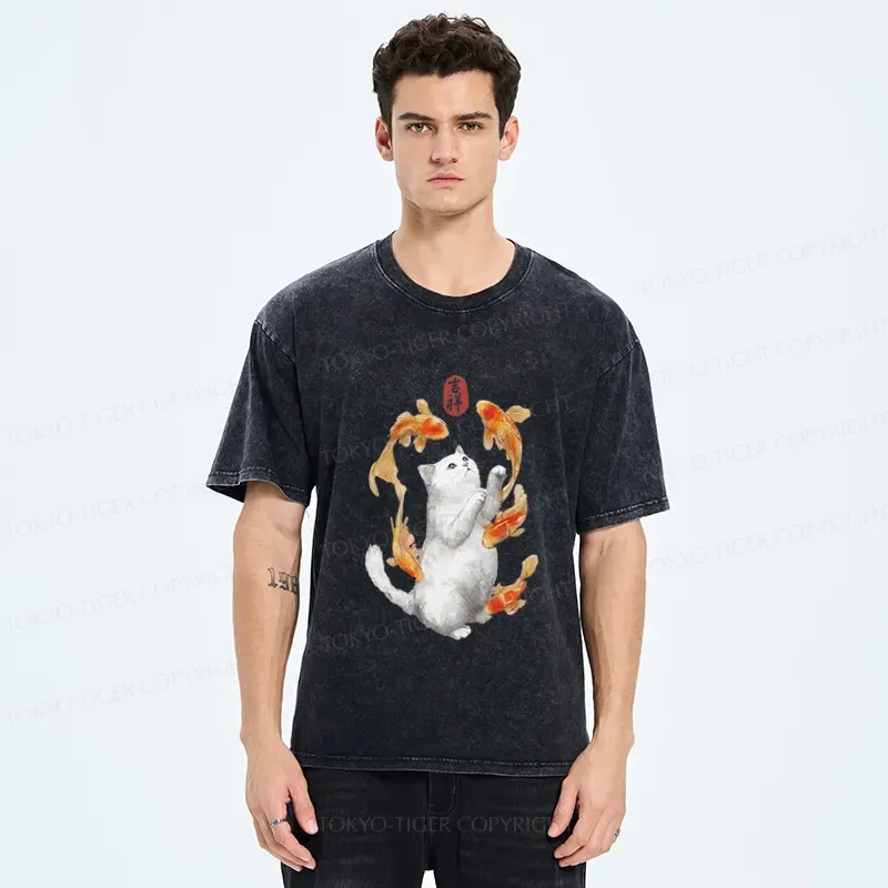 Tokyo-Tiger Zen Cat And The Dancing Fish Washed T-Shirt