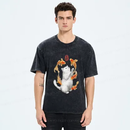 Tokyo-Tiger Zen Cat And The Dancing Fish Washed T-Shirt
