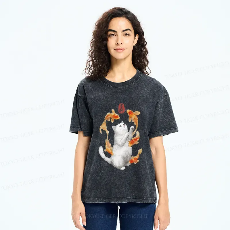 Tokyo-Tiger Zen Cat And The Dancing Fish Washed T-Shirt