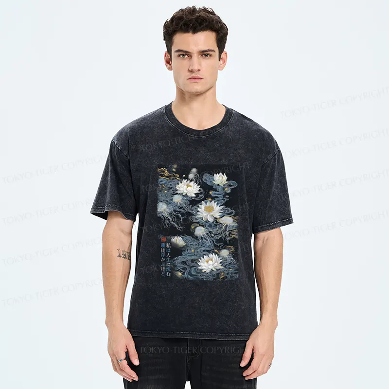 Tokyo-Tiger Lotus Dreams And Zen Streams Washed T-Shirt