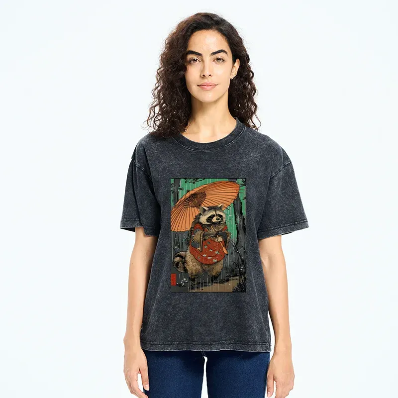 Tokyo-Tiger Cute Raccoon Japanese Washed T-Shirt