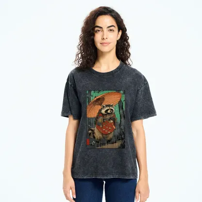 Tokyo-Tiger Cute Raccoon Japanese Washed T-Shirt