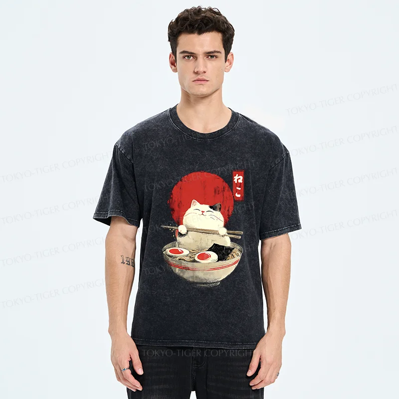 Tokyo-Tiger White Cat Ramen Washed T-Shirt