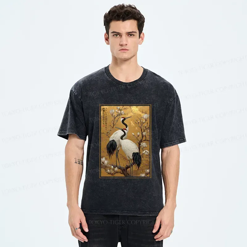 Tokyo-Tiger Japanese Elegance Of The Cranes Washed T-Shirt