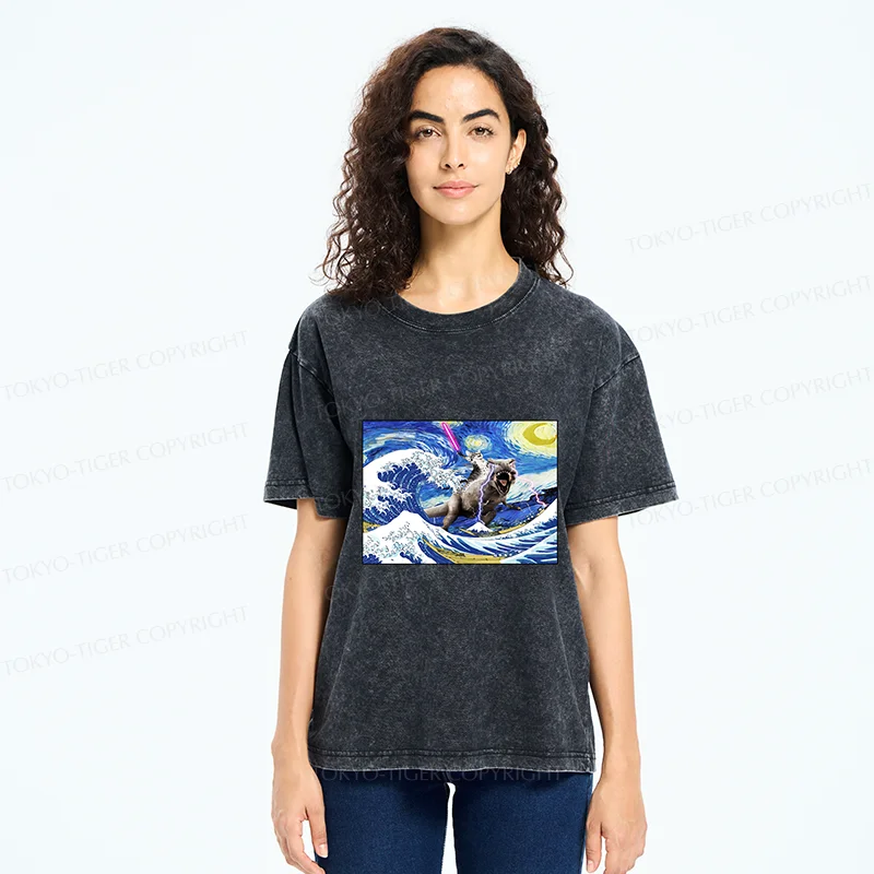 Tokyo-Tiger Cat Riding A Dinosaur In The Surf Washed T-Shirt