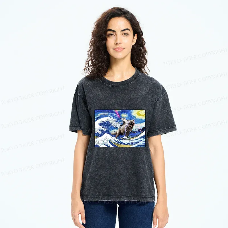 Tokyo-Tiger Cat Riding A Dinosaur In The Surf Washed T-Shirt