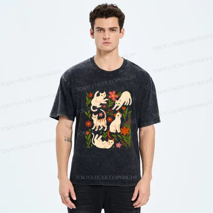 Tokyo-Tiger Cats And Flowers Washed T-Shirt
