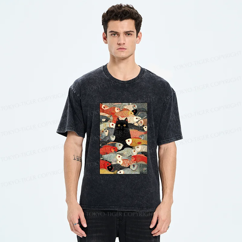 Tokyo-Tiger Cats And Fish Washed T-Shirt
