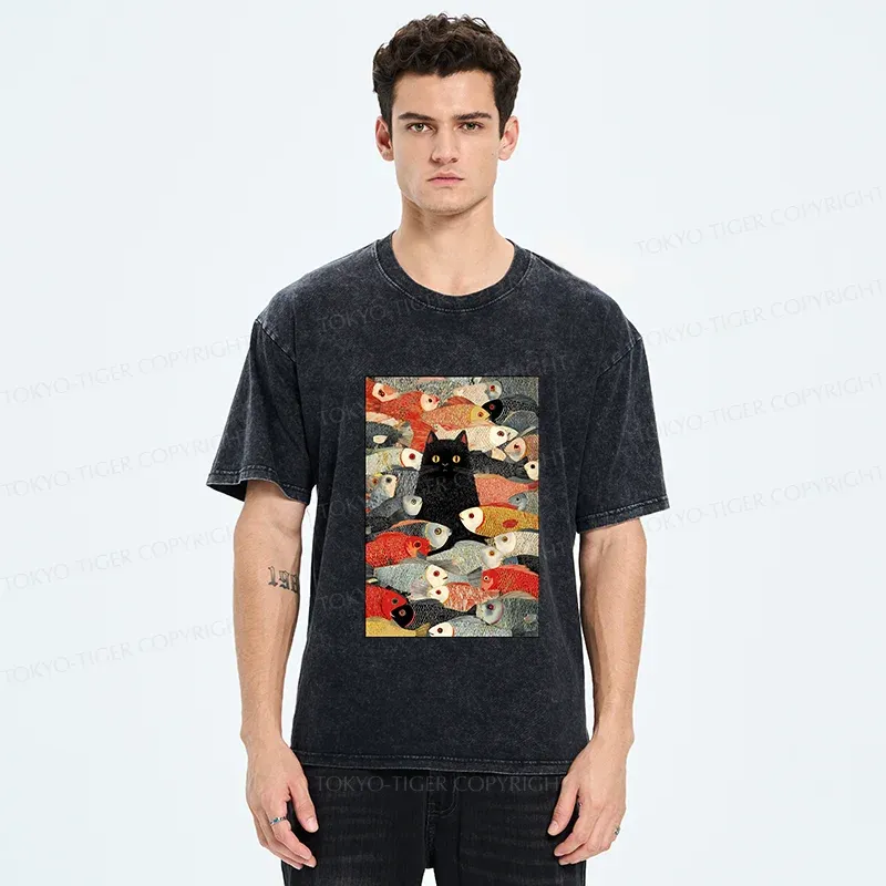 Tokyo-Tiger Cats And Fish Washed T-Shirt