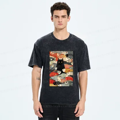 Tokyo-Tiger Cats And Fish Washed T-Shirt