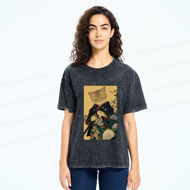 Tokyo-Tiger Kitten Japanese Samurai Washed T-Shirt