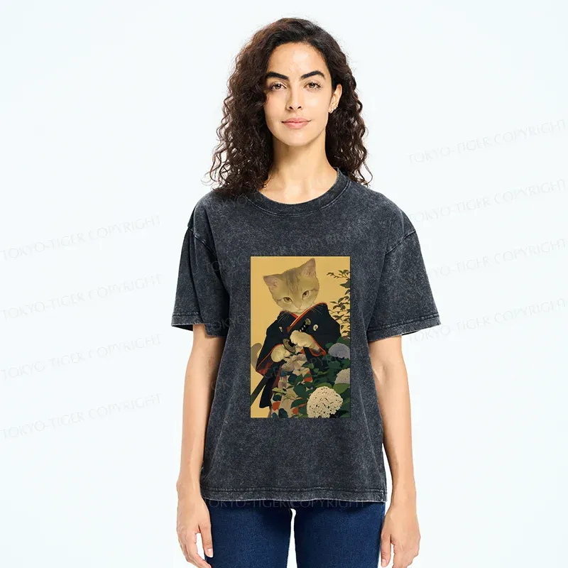 Tokyo-Tiger Kitten Japanese Samurai Washed T-Shirt