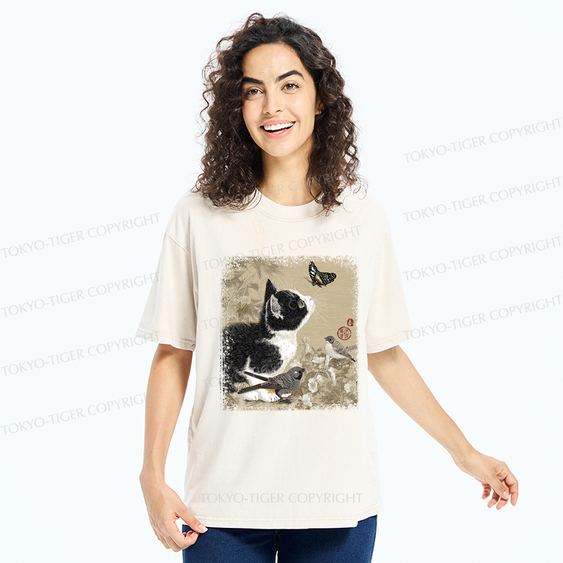 Tokyo-Tiger Cat and Butterfly: A Playful Encounter Washed T-Shirt