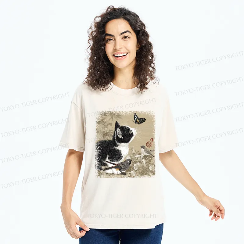 Tokyo-Tiger Cat and Butterfly: A Playful Encounter Washed T-Shirt