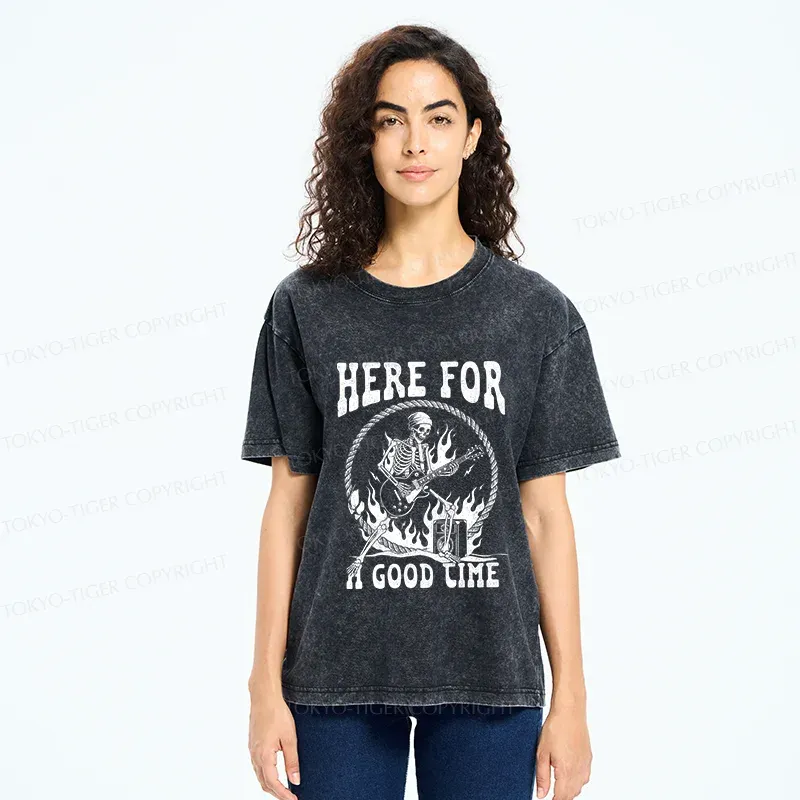 Tokyo-Tiger Rock Skull Funny Washed T-Shirt