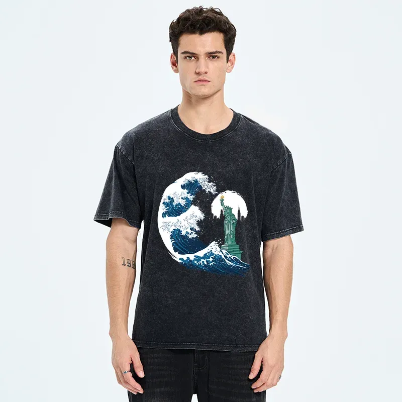 Tokyo-Tiger Waves And The Statue Of Liberty Washed T-Shirt