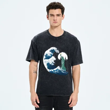 Tokyo-Tiger Waves And The Statue Of Liberty Washed T-Shirt