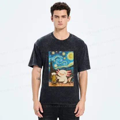 Tokyo-Tiger Axolotl Drinking Beer Washed T-Shirt