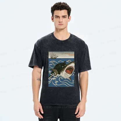 Tokyo-Tiger Cat Hunting Shark Washed T-Shirt
