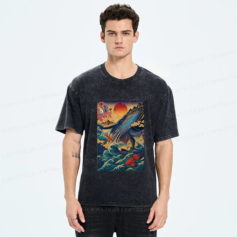 Tokyo-Tiger Ukiyoe Whale Japan Washed T-Shirt