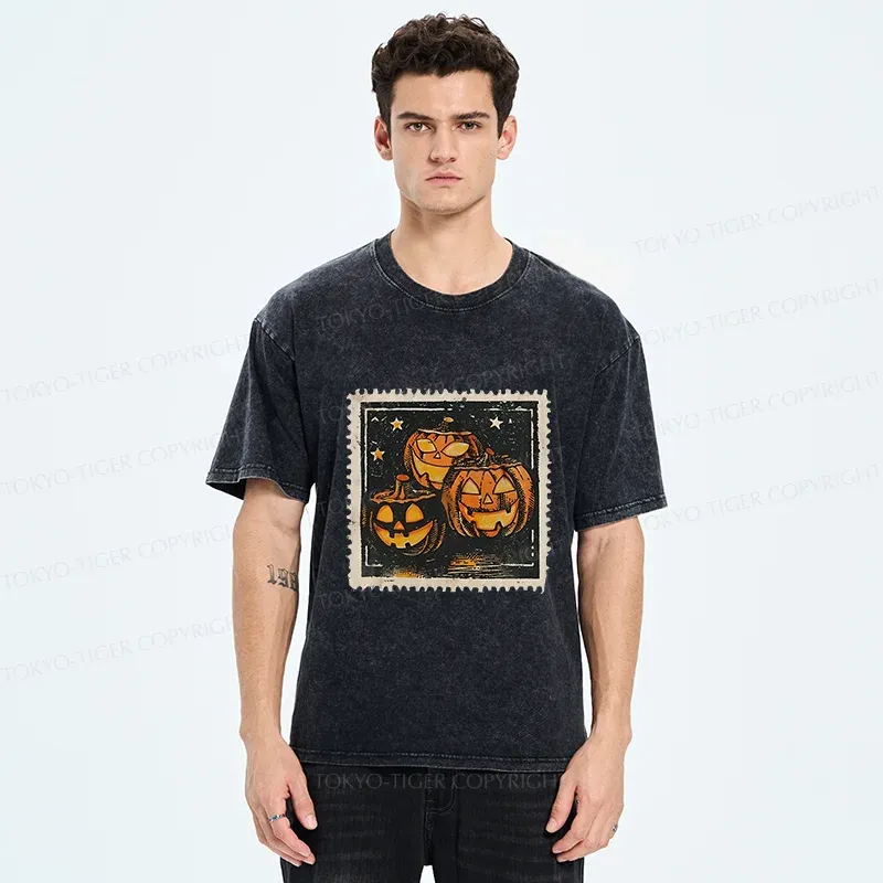 Tokyo-Tiger Halloween Pumpkin Stamps Washed T-Shirt