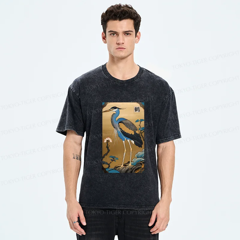 Tokyo-Tiger Ukiyo-e Japanese Cranes Washed T-Shirt