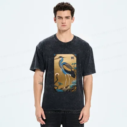 Tokyo-Tiger Ukiyo-e Japanese Cranes Washed T-Shirt