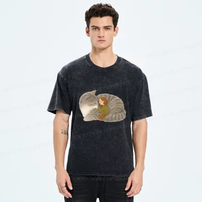 Tokyo-Tiger Girl Hugging Cat Washed T-Shirt