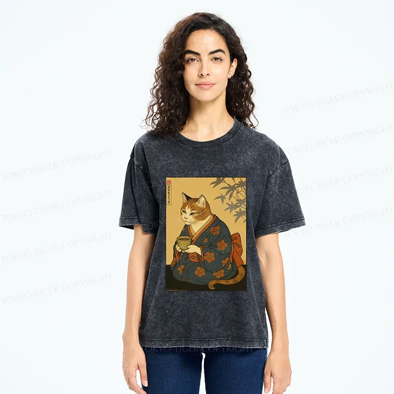 Tokyo-Tiger Ukiyoe Cat Drinking Tea Washed T-Shirt