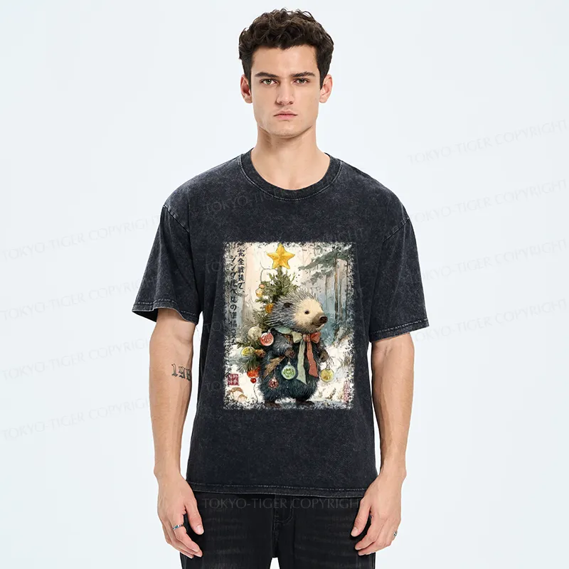 Tokyo-Tiger Hedgehog: Decked Out and Ready to Jingle! Washed T-Shirt