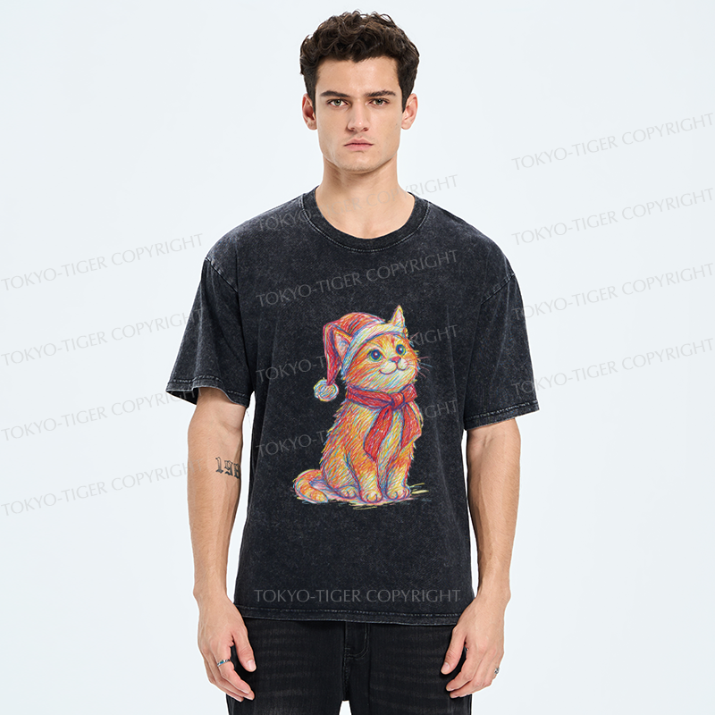 Tokyo-Tiger Lovely Christmas Cat Washed T-Shirt