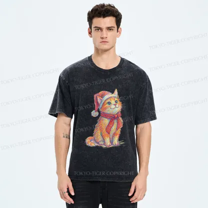 Tokyo-Tiger Lovely Christmas Cat Washed T-Shirt
