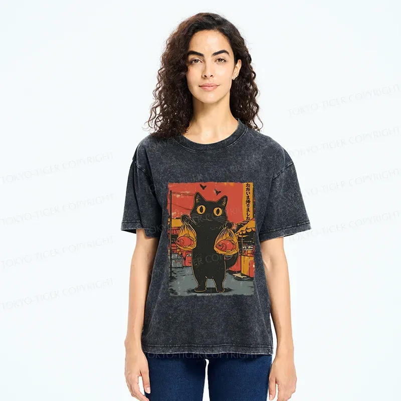 Tokyo-Tiger Cat Fishing Washed T-Shirt