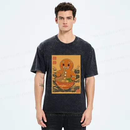 Tokyo-Tiger Gingerbread Man Eating Ramen Washed T-Shirt