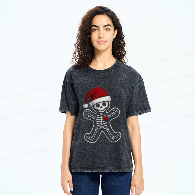 Tokyo-Tiger Funny Christmas Skull Gingerbread Man Washed T-Shirt
