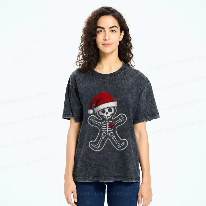 Tokyo-Tiger Funny Christmas Skull Gingerbread Man Washed T-Shirt