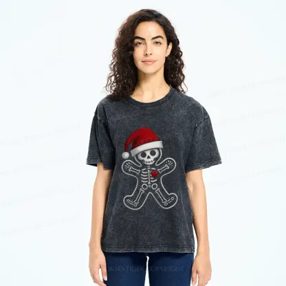 Tokyo-Tiger Funny Christmas Skull Gingerbread Man Washed T-Shirt