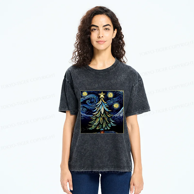 Tokyo-Tiger Christmas Tree Under The Starry Night Washed T-Shirt
